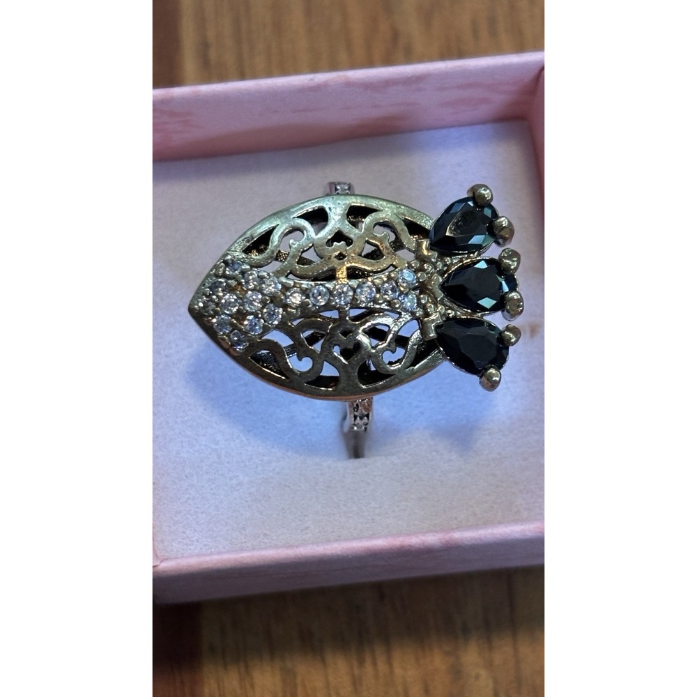 Vintage Sterling Silver Fish Ring Black Marquise & Round Stones Size 8.25